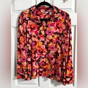 Isaac Mizrahi Live! Printed Ponte Collared Floral V-Neck Stretchy Top Size XL